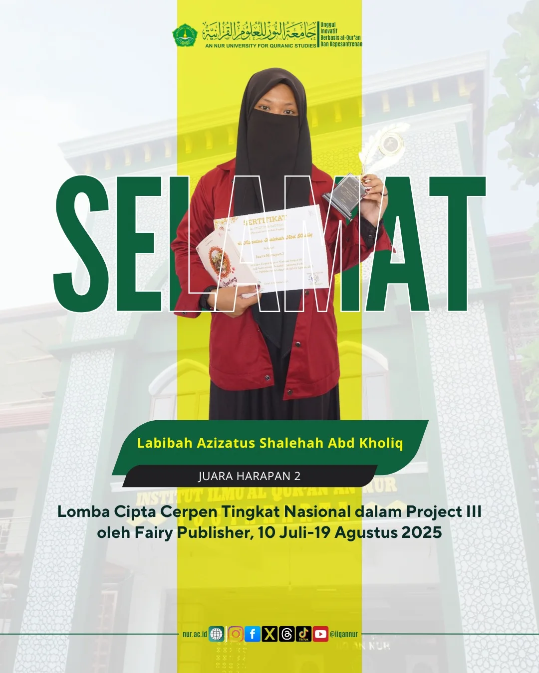 Mahasiswa Fakultas Tarbiyah IIQ An Nur Yogyakarta Raih Juara Lomba Cipta Cerpen Tingkat Nasional